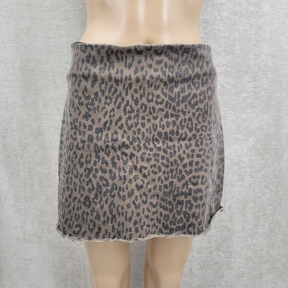 Pistola Nora Brown Leopard Print Denim Mini Skirt Women's Small Fringe Detail - Picture 1 of 10